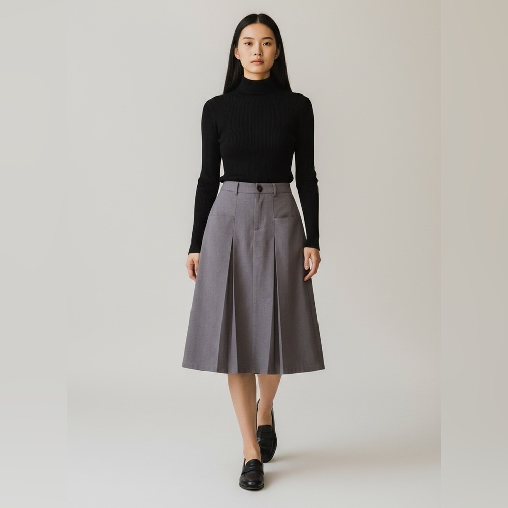 SHRO ENRO Gray Pleated High Waisted A Line Knee Length Skirt